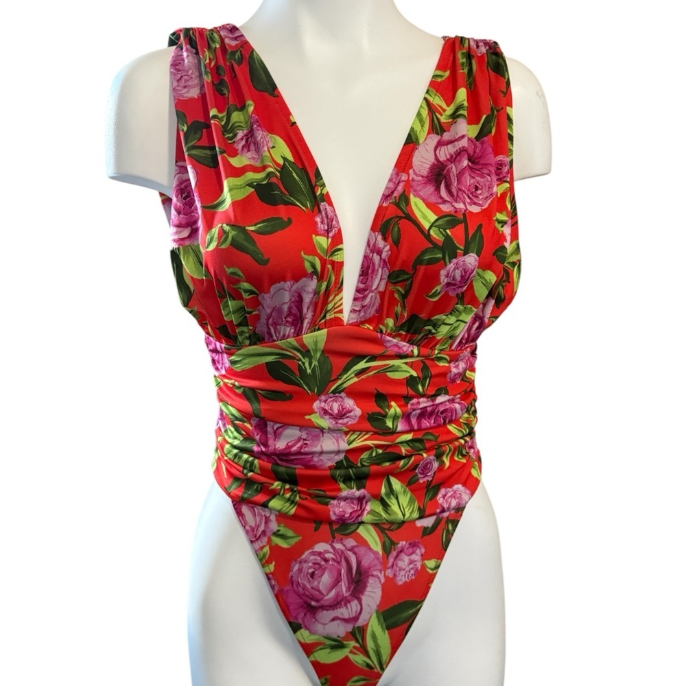 NWOTS Zara Women’s Multicolor Floral Draped Ruched Cutout Leotard Body Suit Sz S - Picture 2 of 7